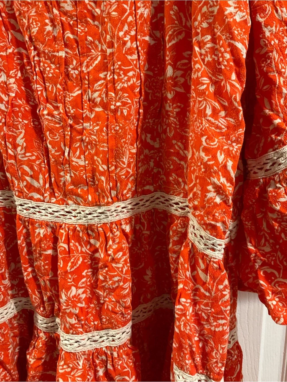 Free People Boho Orange Cream Floral Peasant Top with Lace Trim Size L